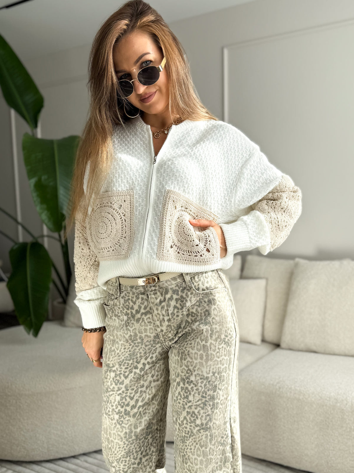 Livia Boho Zip Knit White