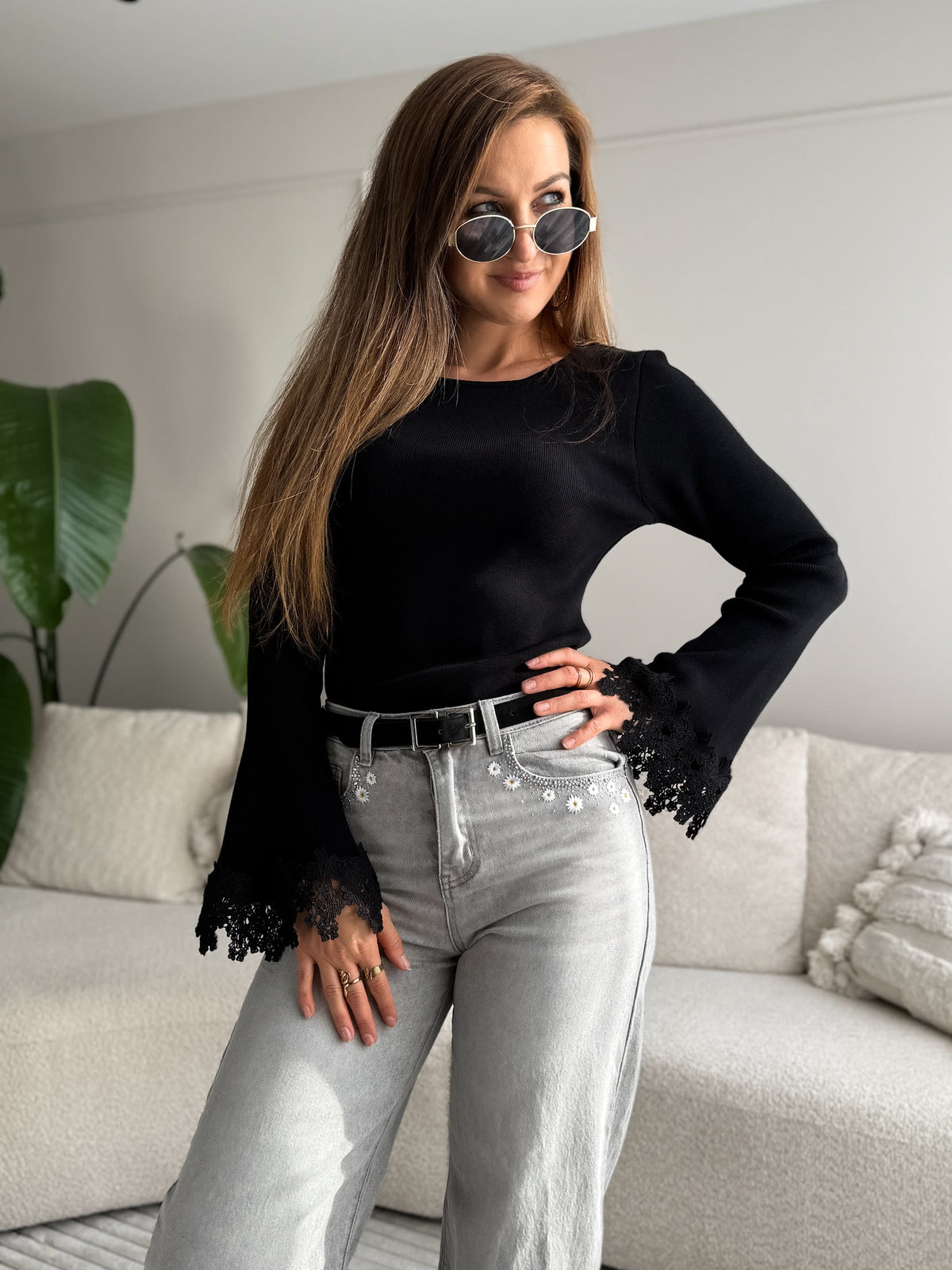 Lacey Ribbed Top Black