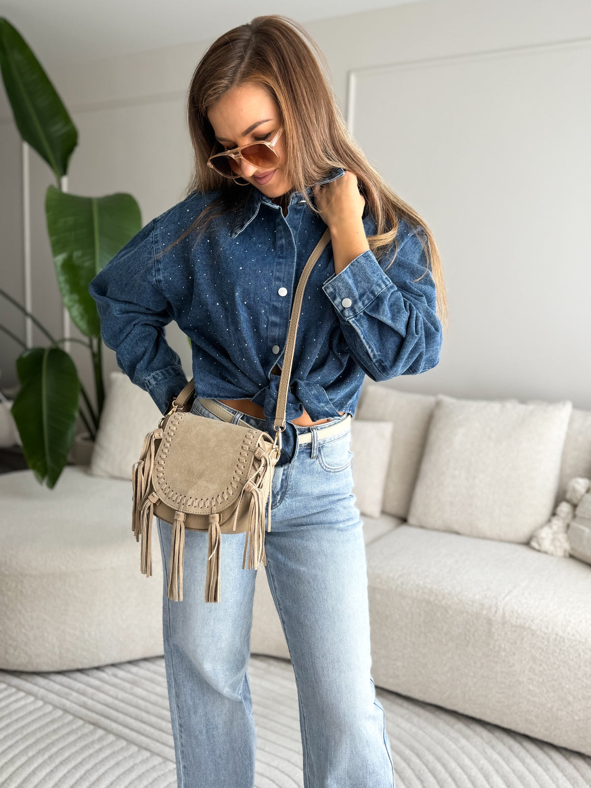 Boho Crossbody Bag - Real Leather Taupe