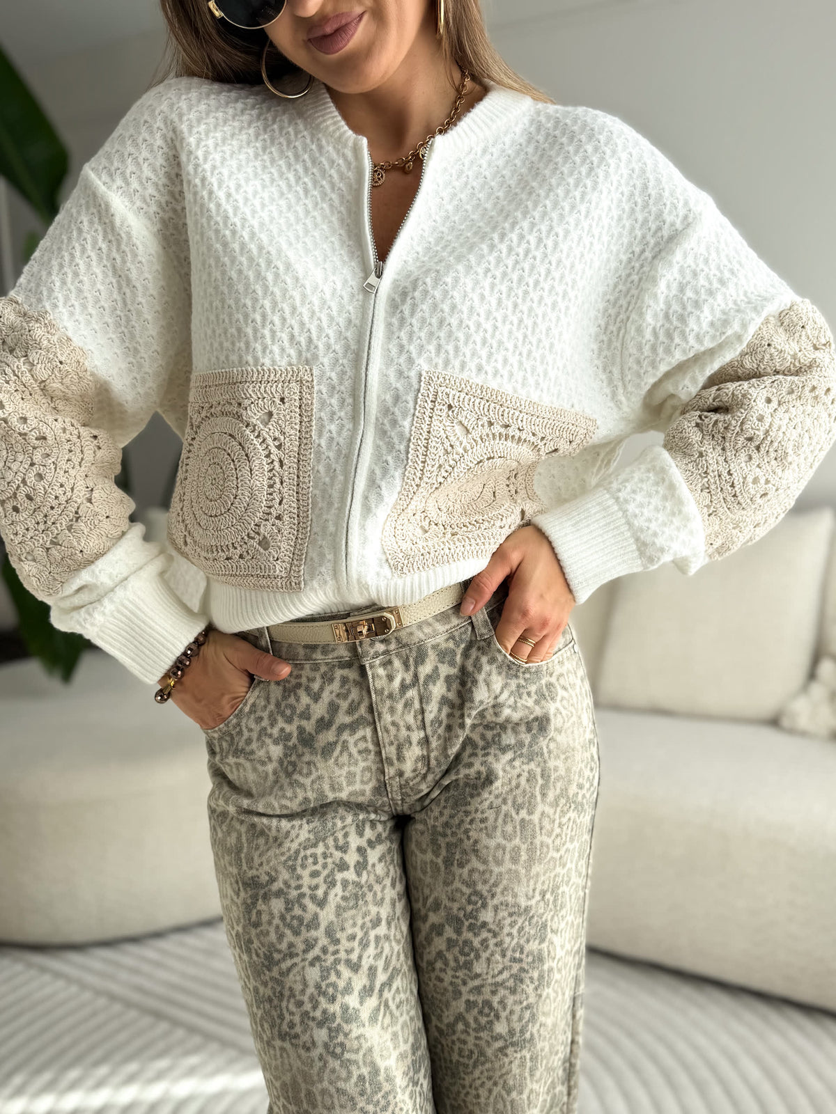 Livia Boho Zip Knit White