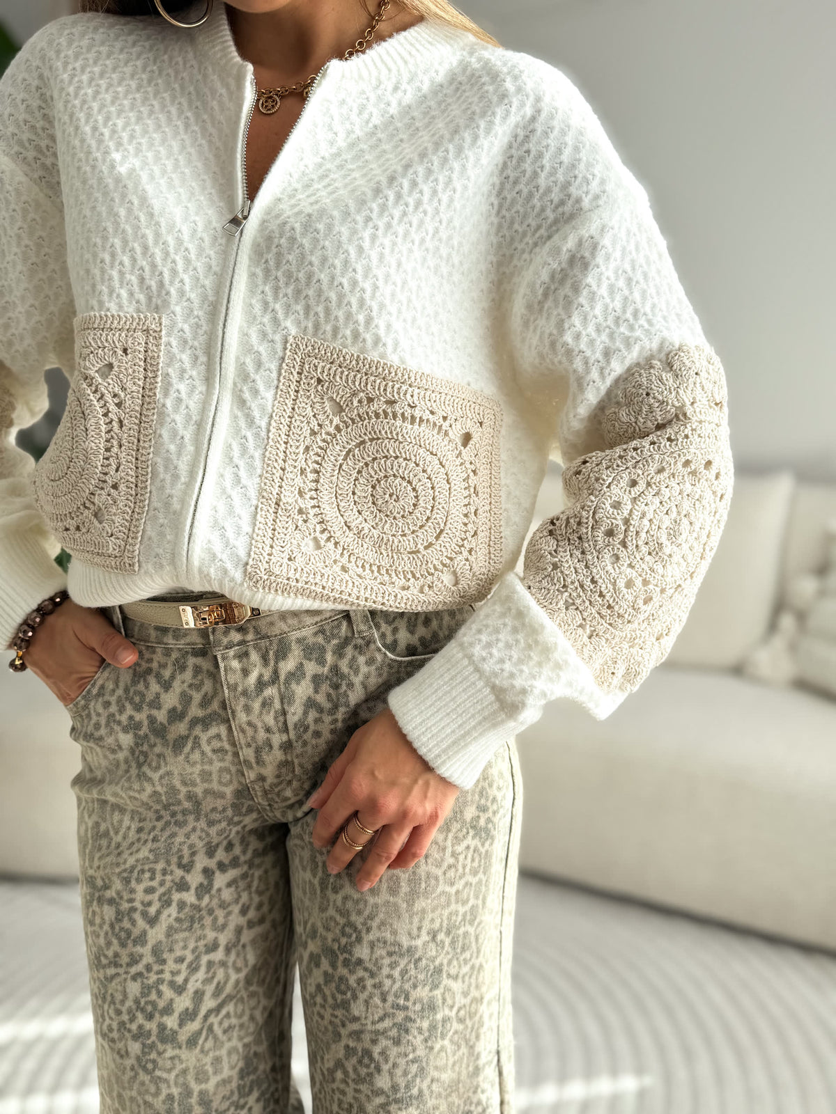 Livia Boho Zip Knit White
