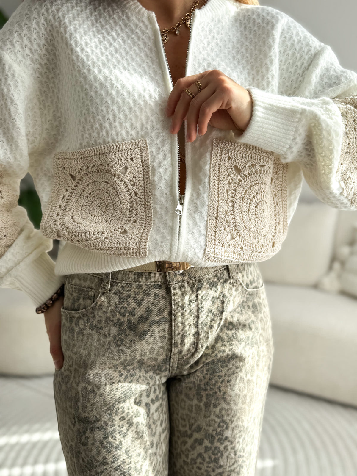 Livia Boho Zip Knit White
